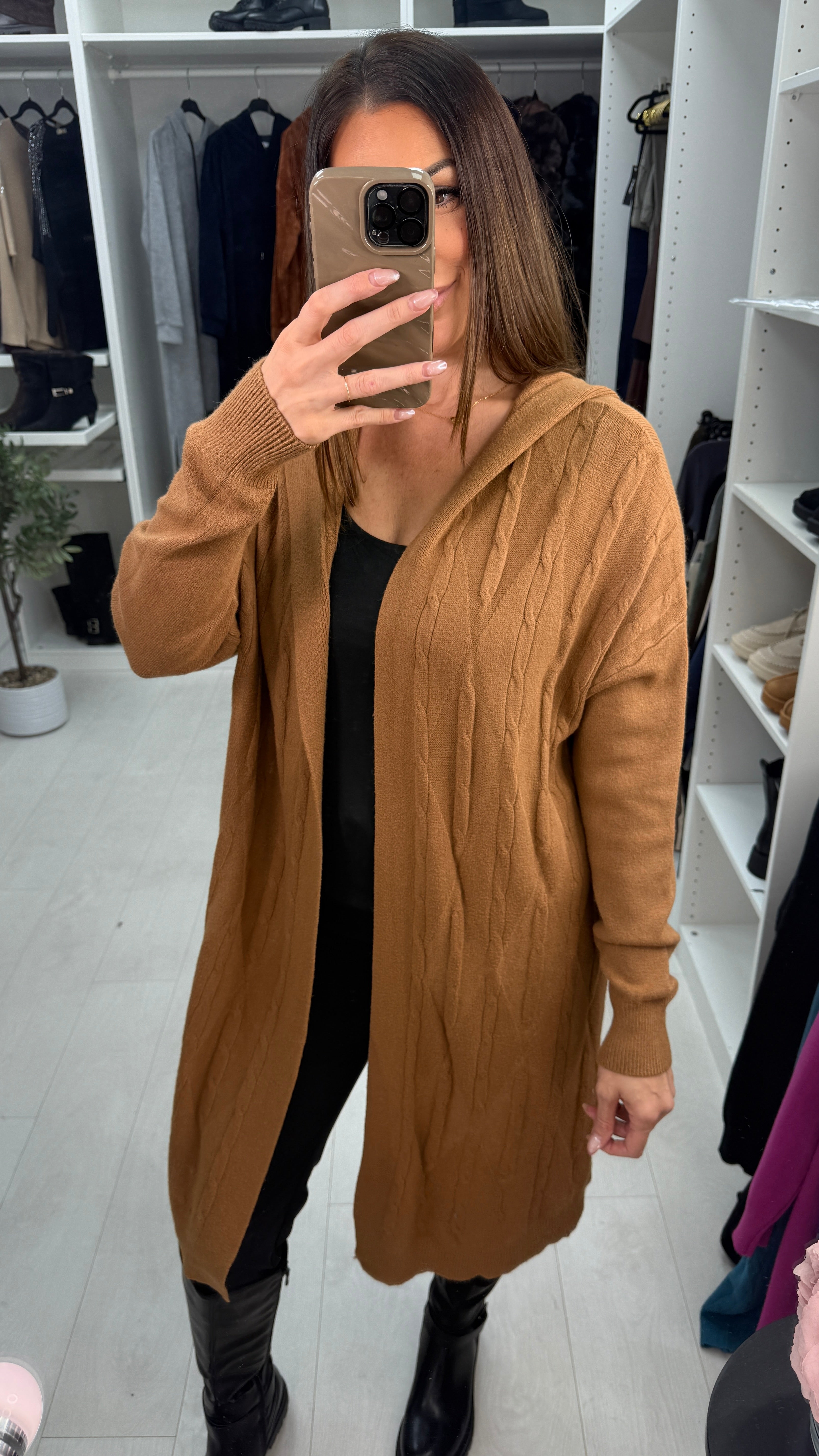 Dillie Plain Cable Knit Detail Hooded Cardigan