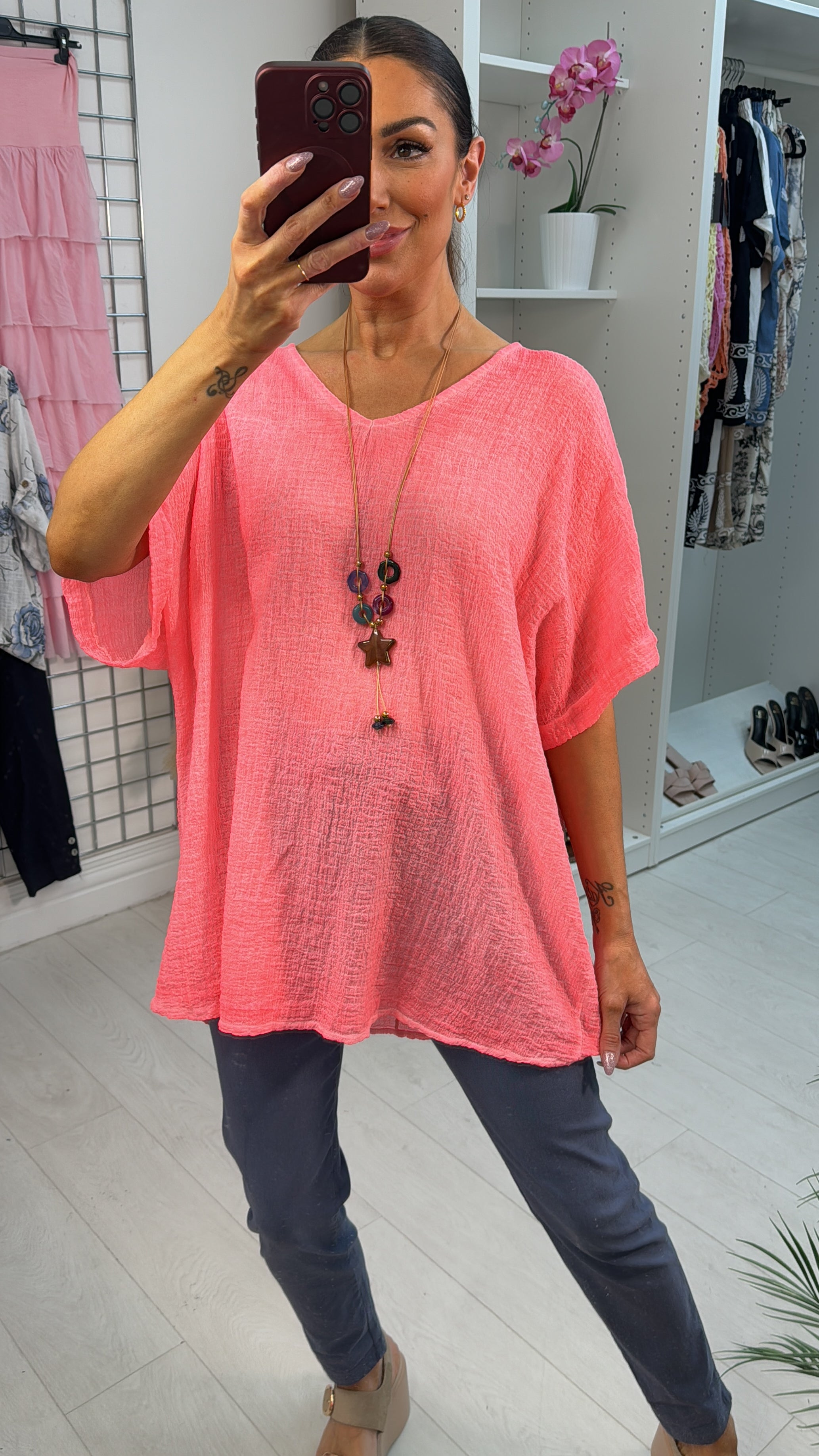Aviana Plain Necklace Cheesecloth Loose Fit Top