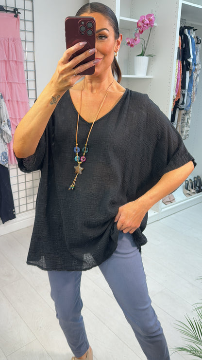 Aviana Plain Necklace Cheesecloth Loose Fit Top