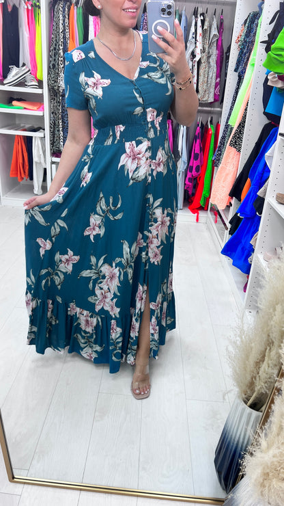 Doreen Teal Lily Print Ruffle Hem Maxi Dress