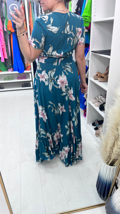 Doreen Teal Lily Print Ruffle Hem Maxi Dress
