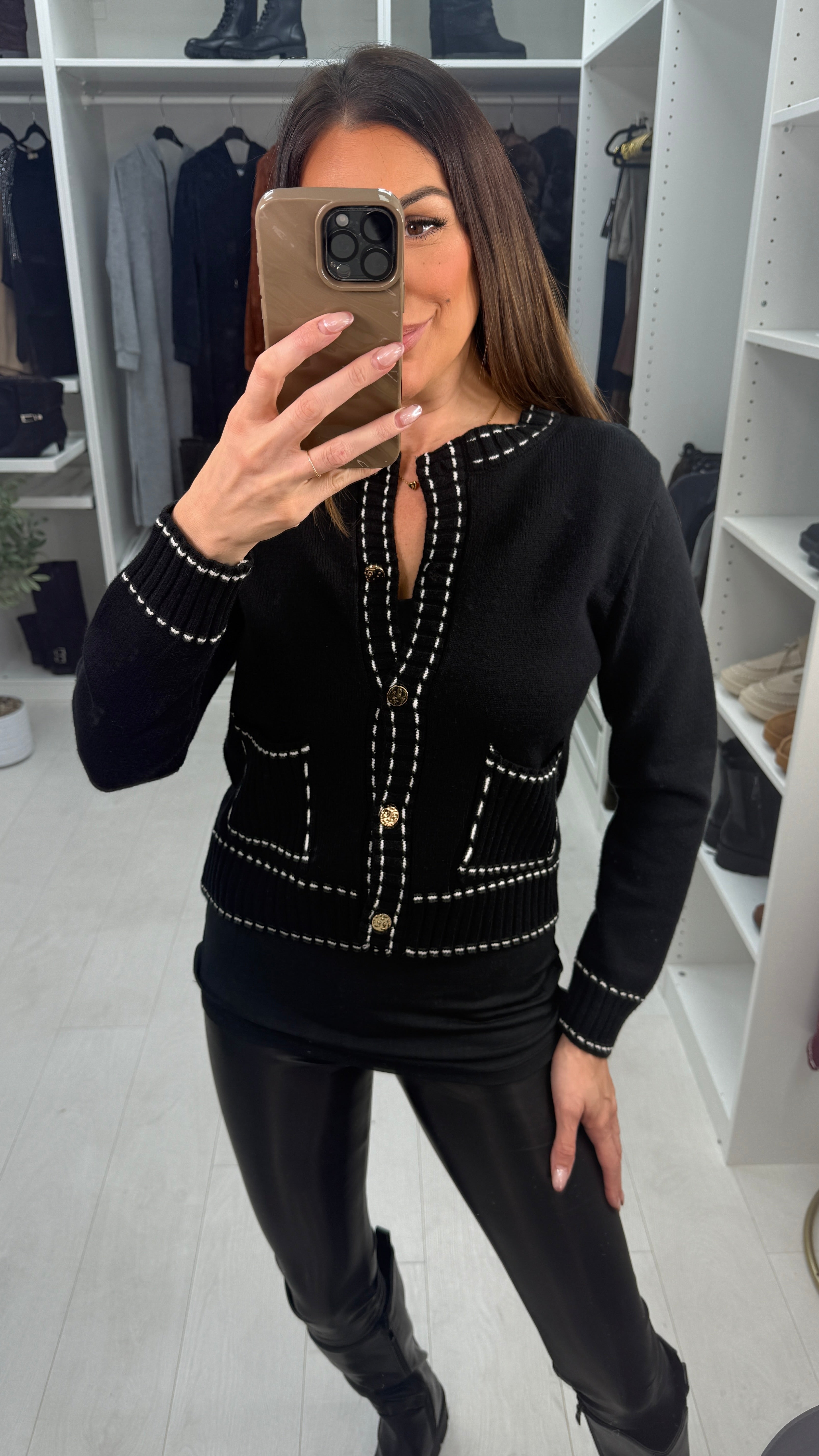 Lessie Plain Detailed Trim Button Front Cardigan