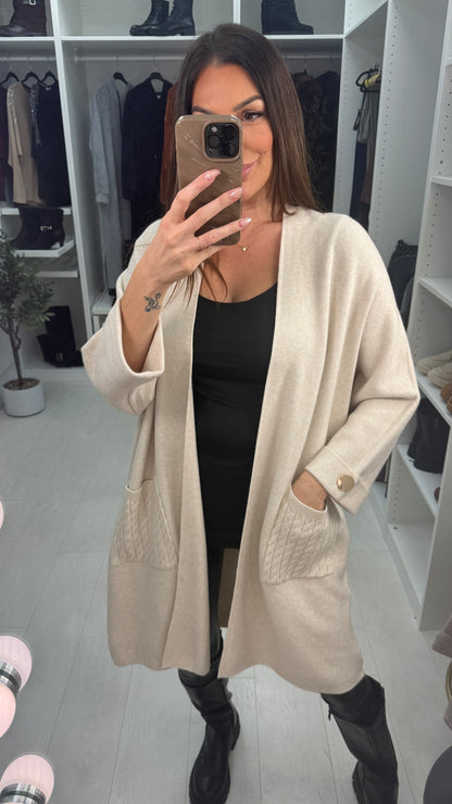 Jasmine Plain Cable knit Pocket Longline Cardigan
