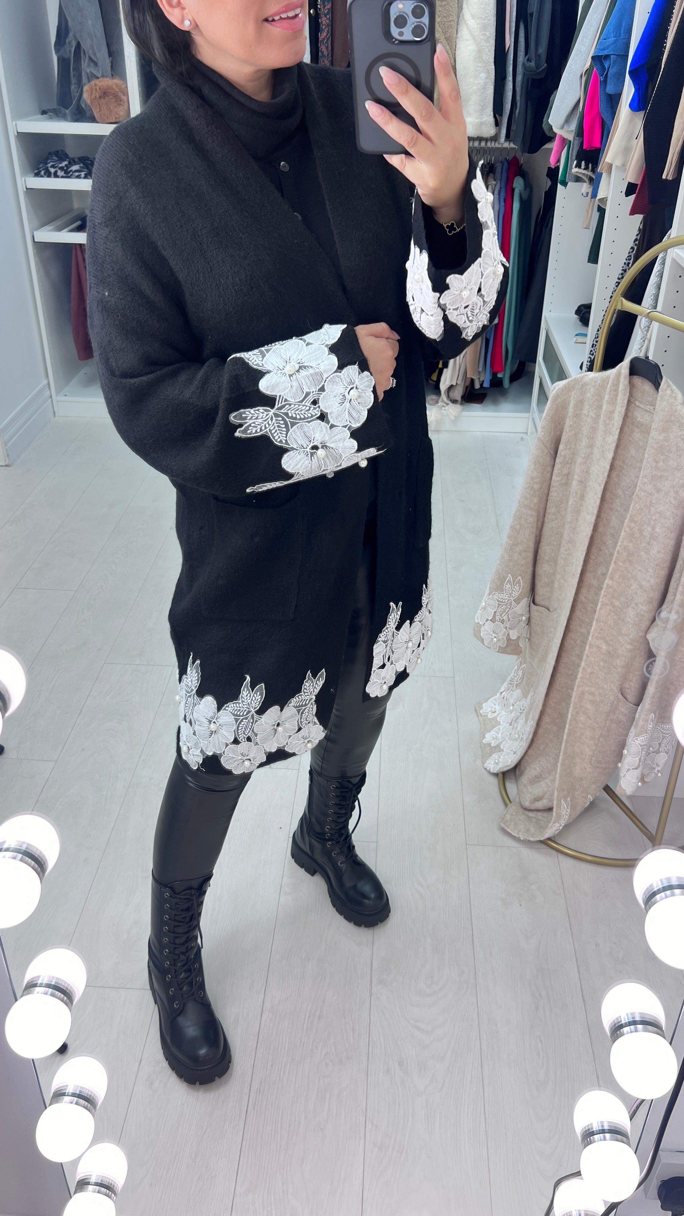 Francesca Pearl and Floral Appliqué Detail Cardigan