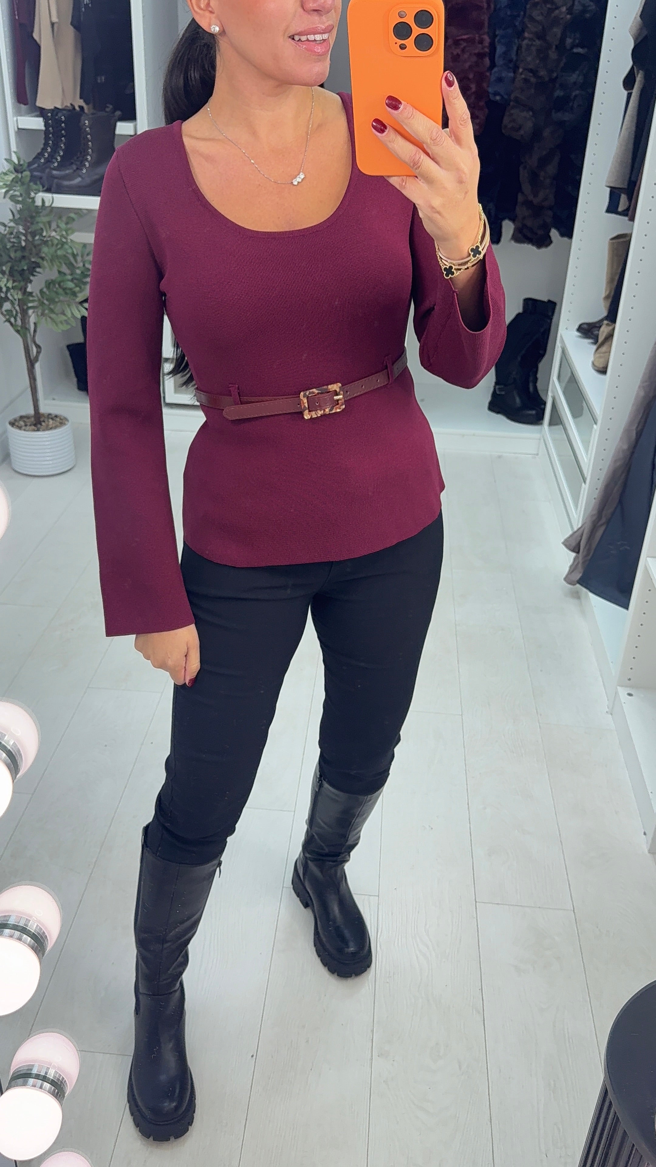 Elizka Plain Belted Long Sleeve Knitted Top