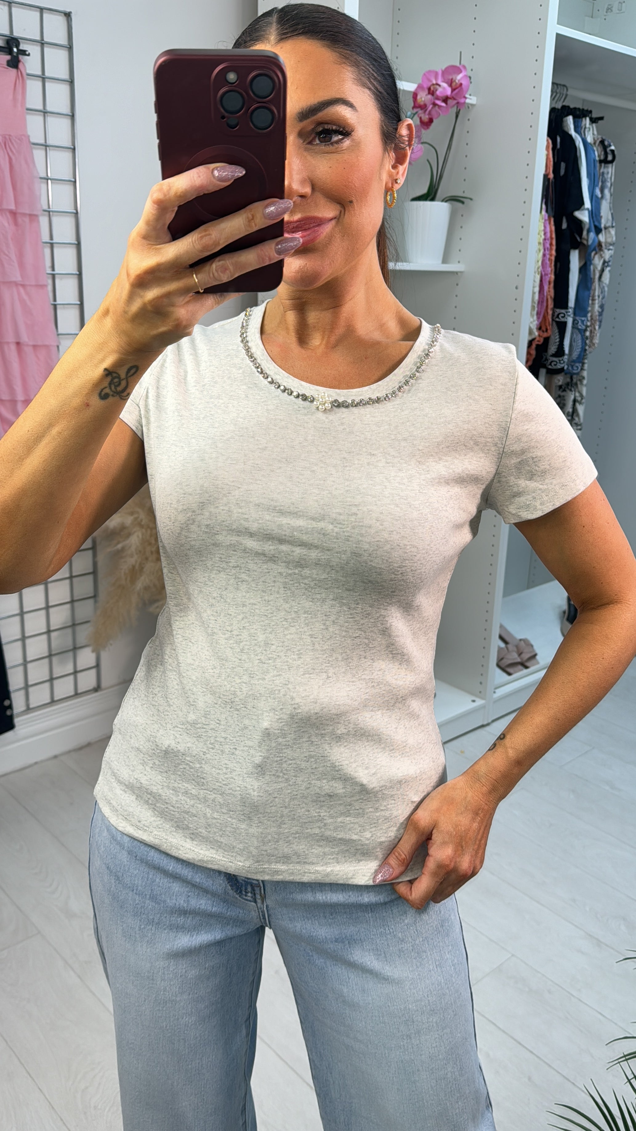 Laurena Plain Embellished Short Sleeve T-Shirt