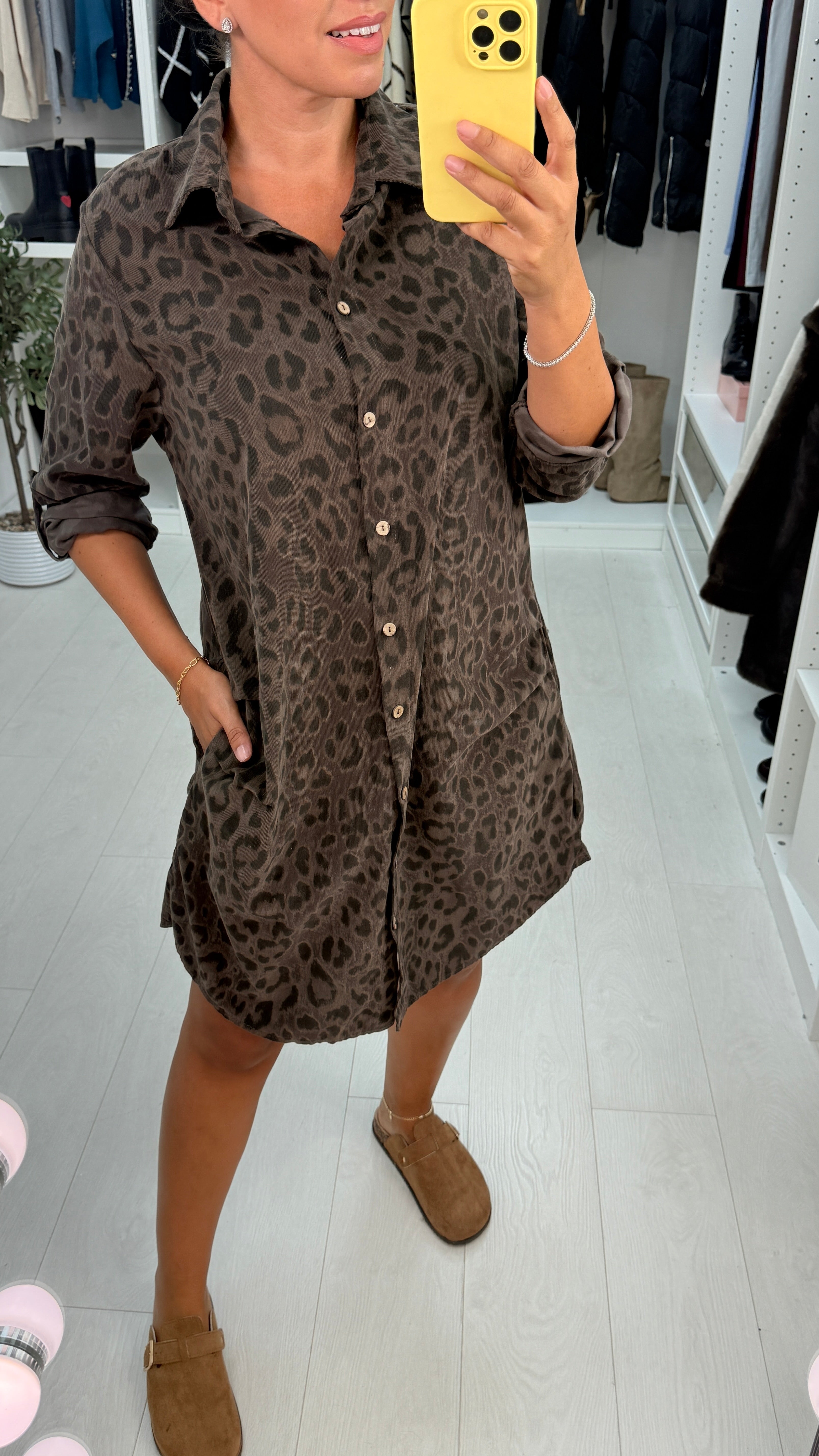 Nadene Leopard Print Corduroy Shirt Dress