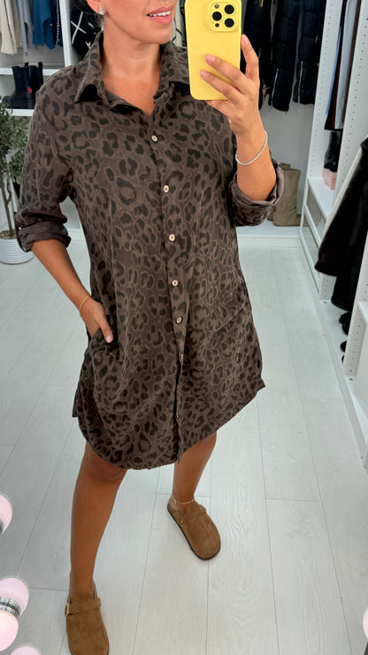 Nadene Leopard Print Corduroy Shirt Dress