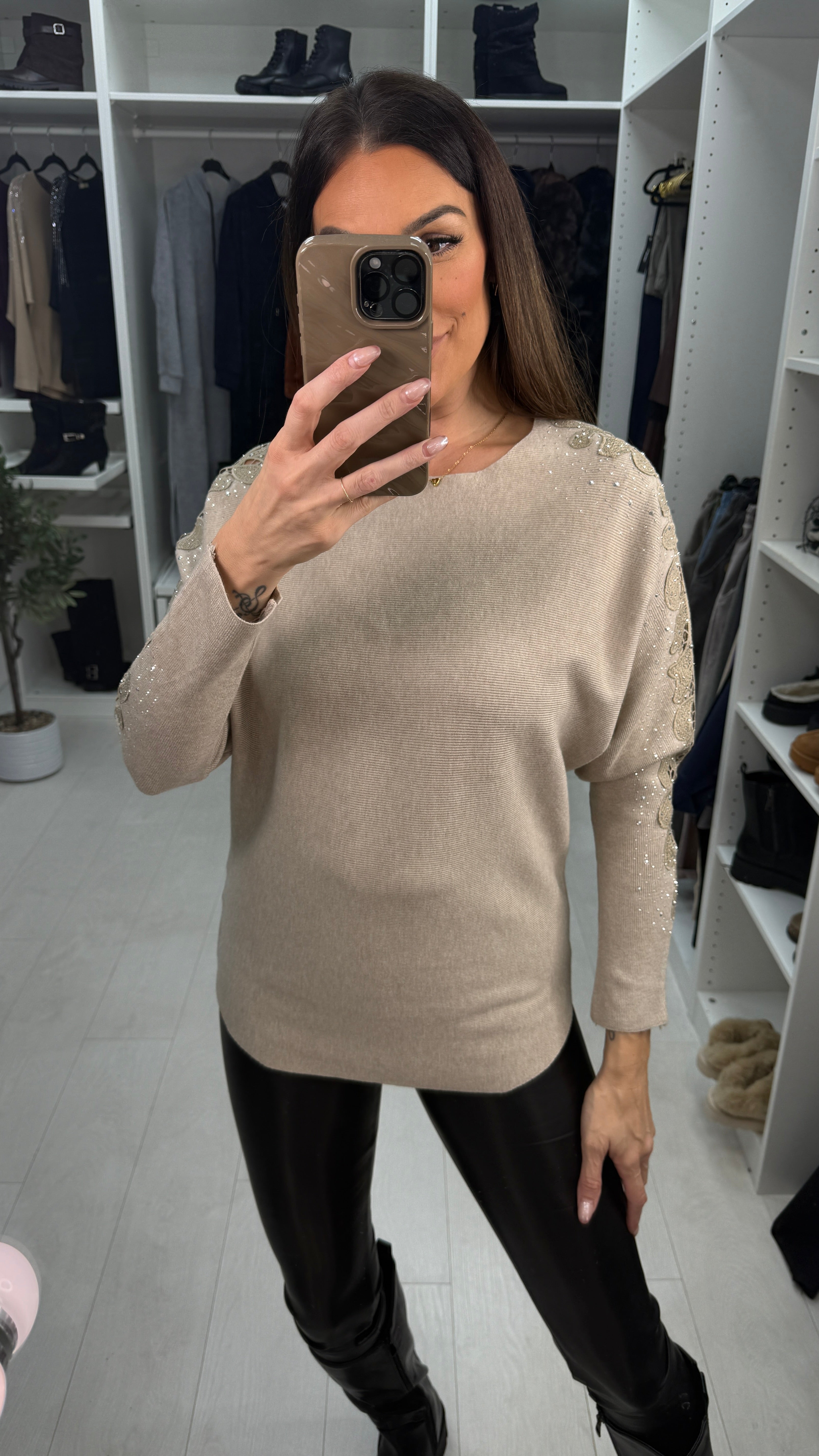 Stacey Crochet & Diamante Embellished Sleeve Knit Jumper