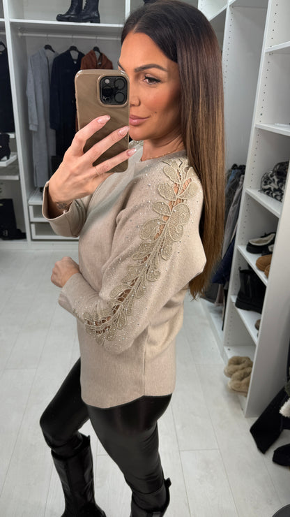 Stacey Crochet & Diamante Embellished Sleeve Knit Jumper