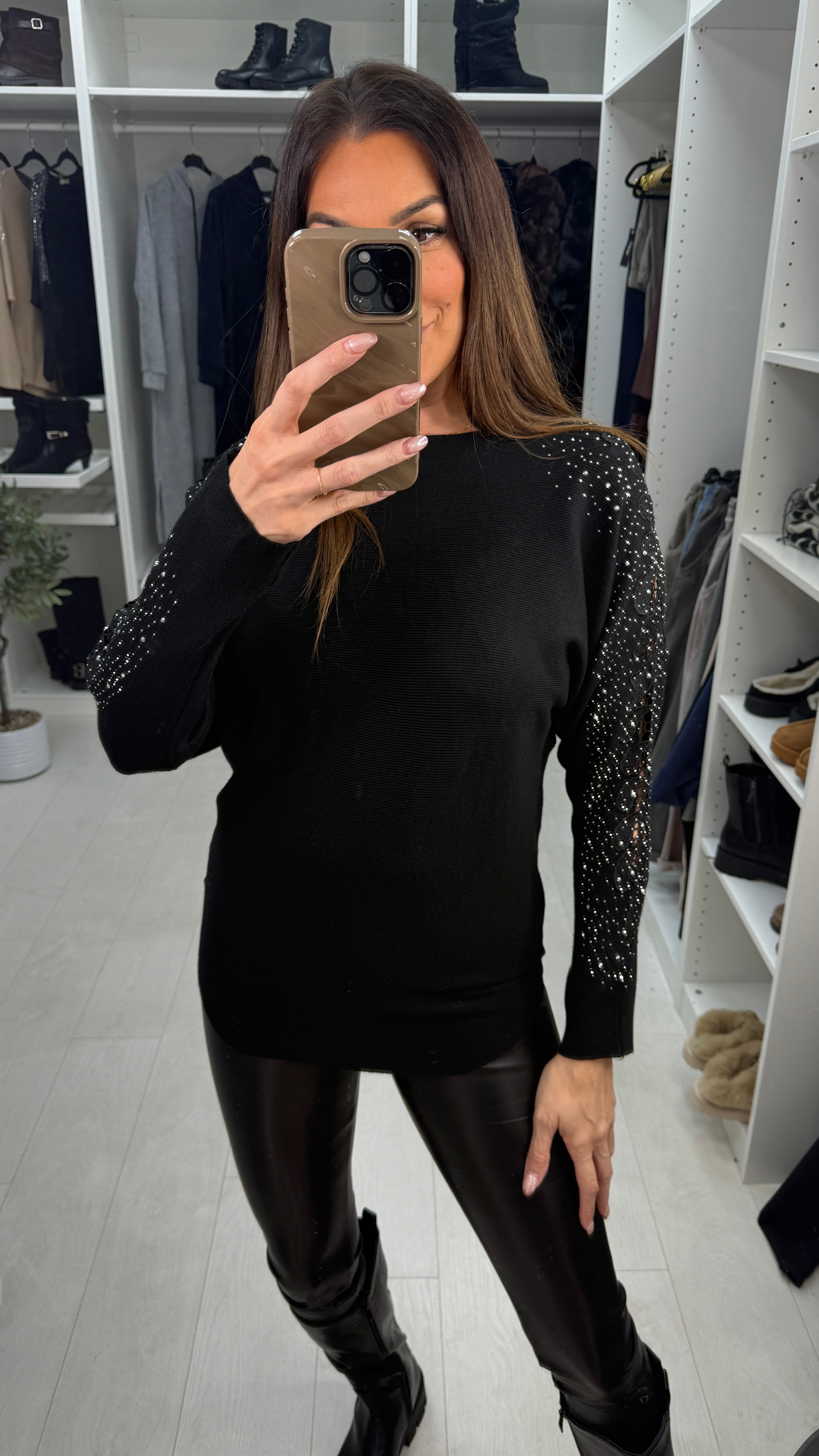 Stacey Crochet & Diamante Embellished Sleeve Knit Jumper