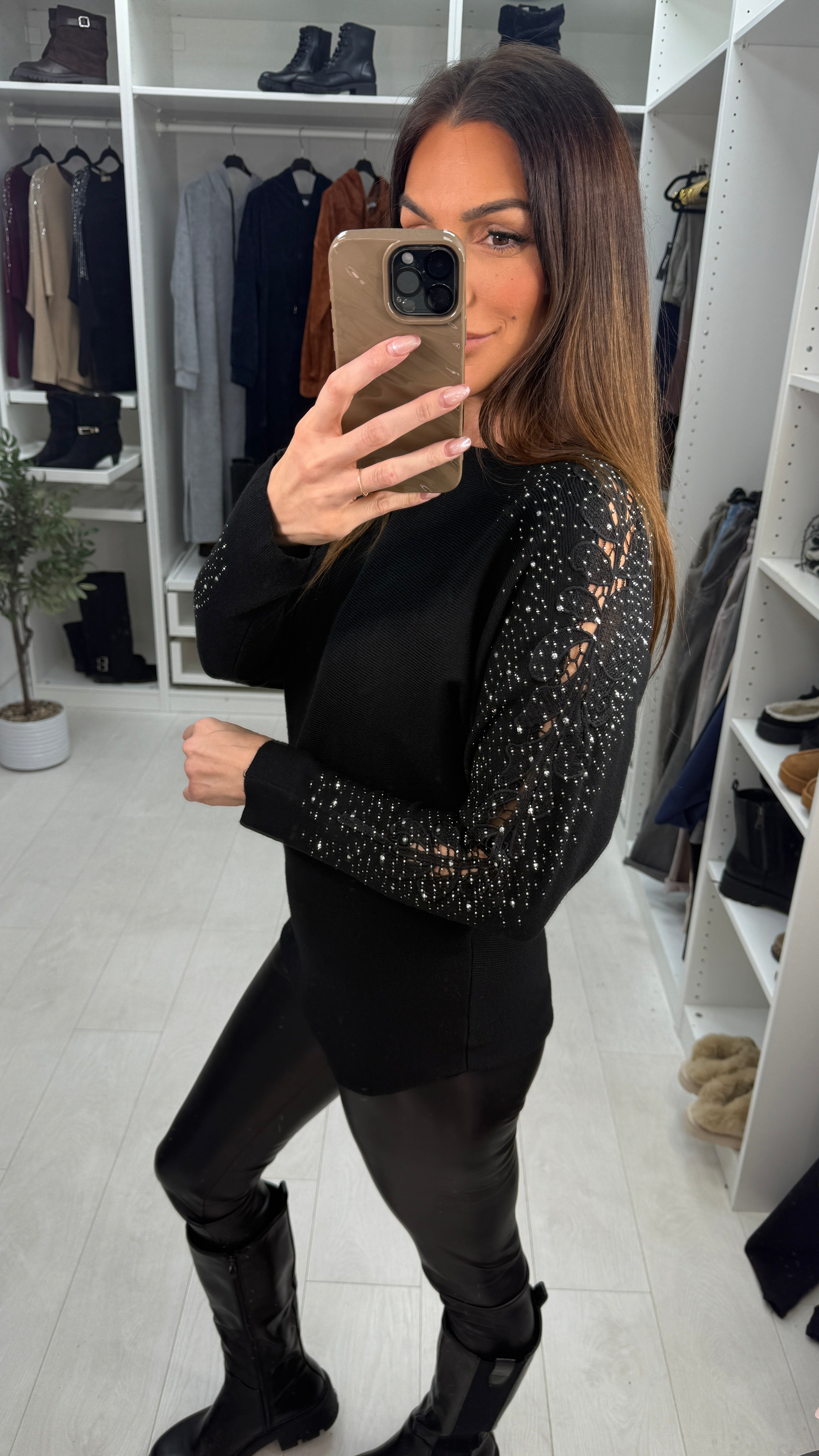 Stacey Crochet & Diamante Embellished Sleeve Knit Jumper