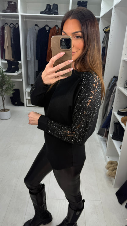 Stacey Crochet & Diamante Embellished Sleeve Knit Jumper
