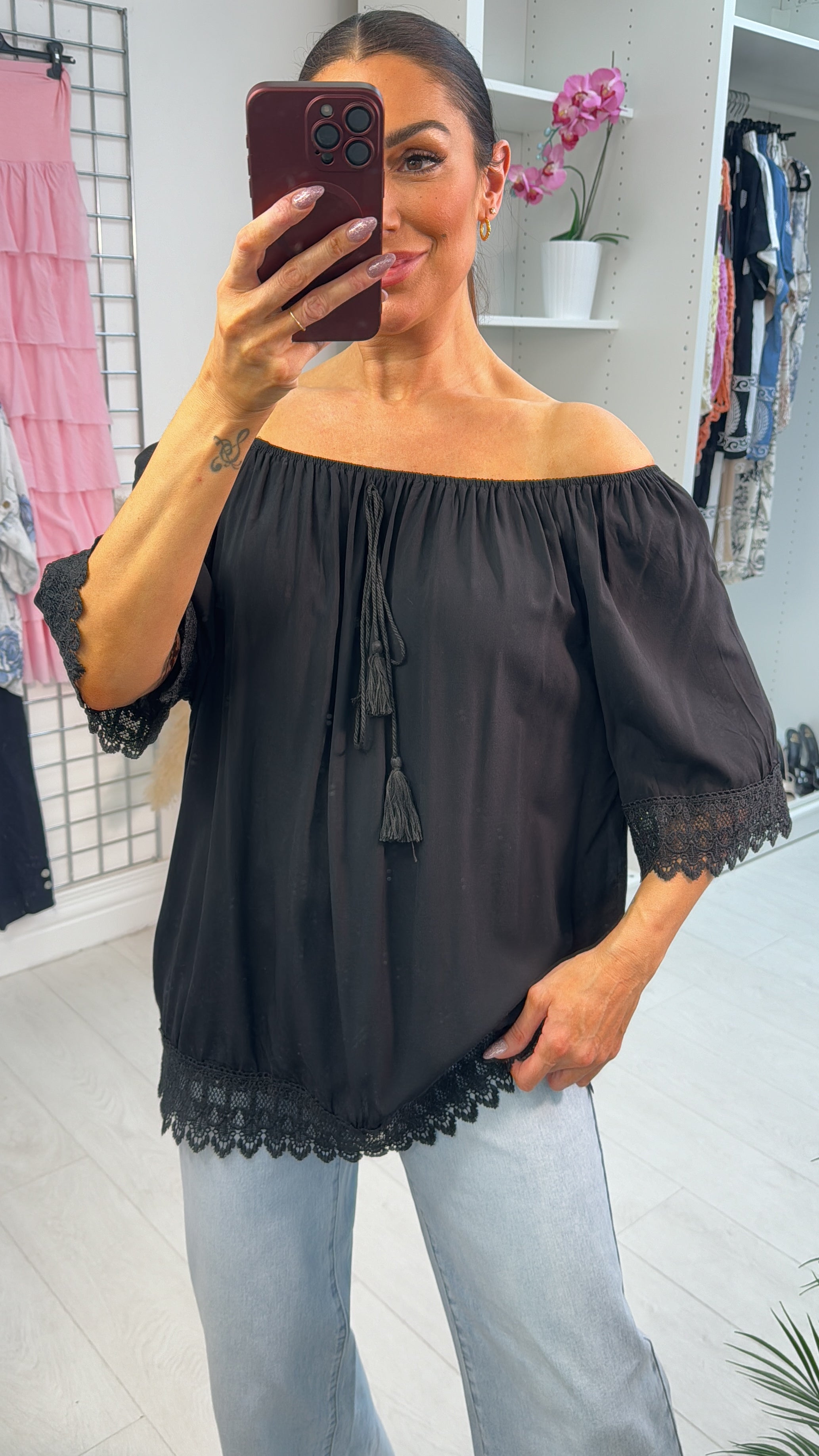 Elena Plain Crochet Hem Short Sleeve Top