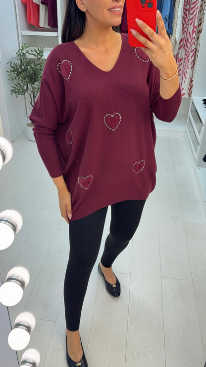 Avalena Embellished Heart Batwing Loose Fit Jumper