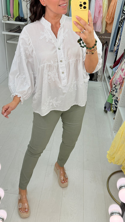 Shirley Plain Floral Embroidered Ballon Sleeve Blouse