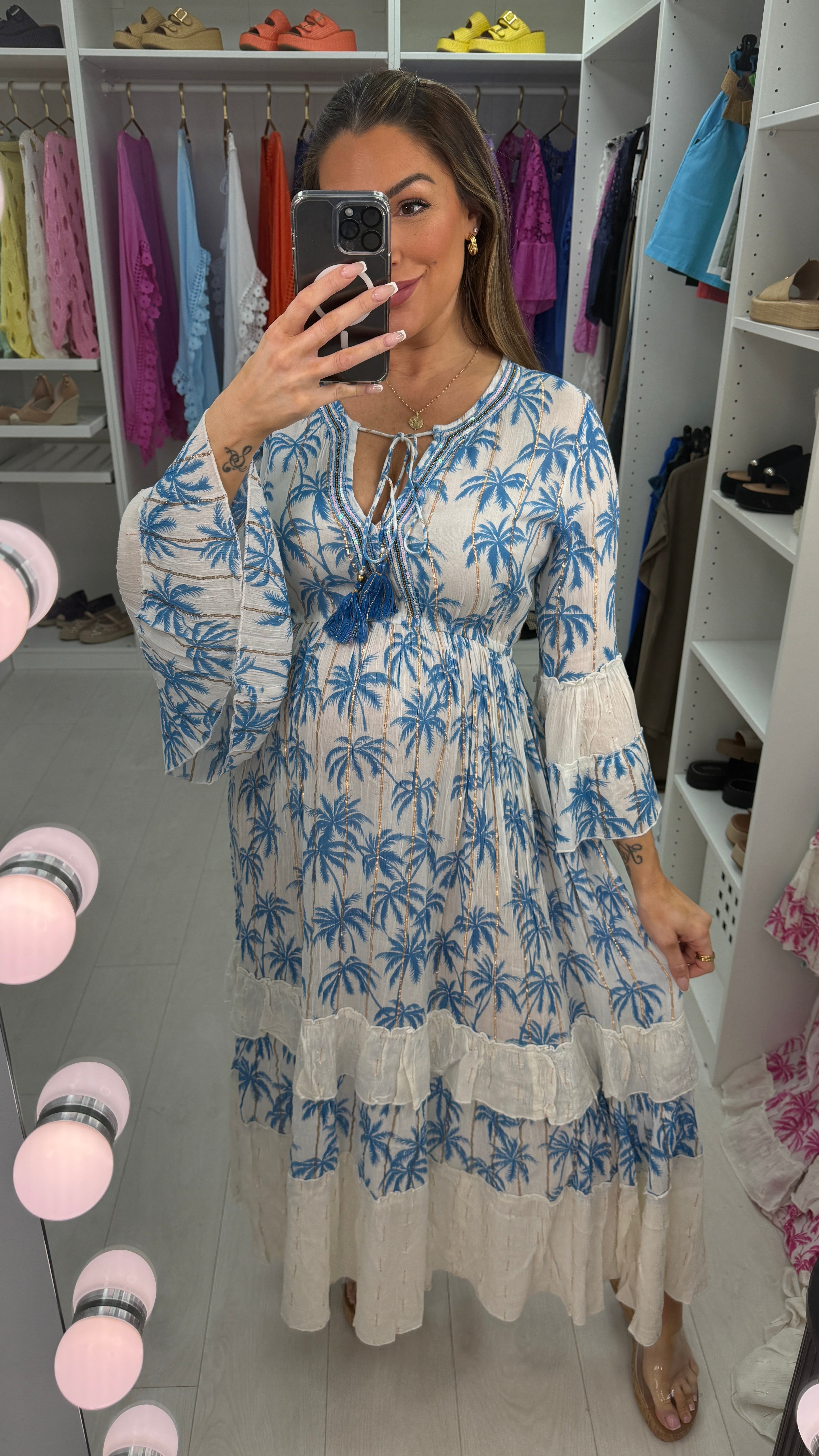 Estella Palm Tree Print Embellished Maxi Dress