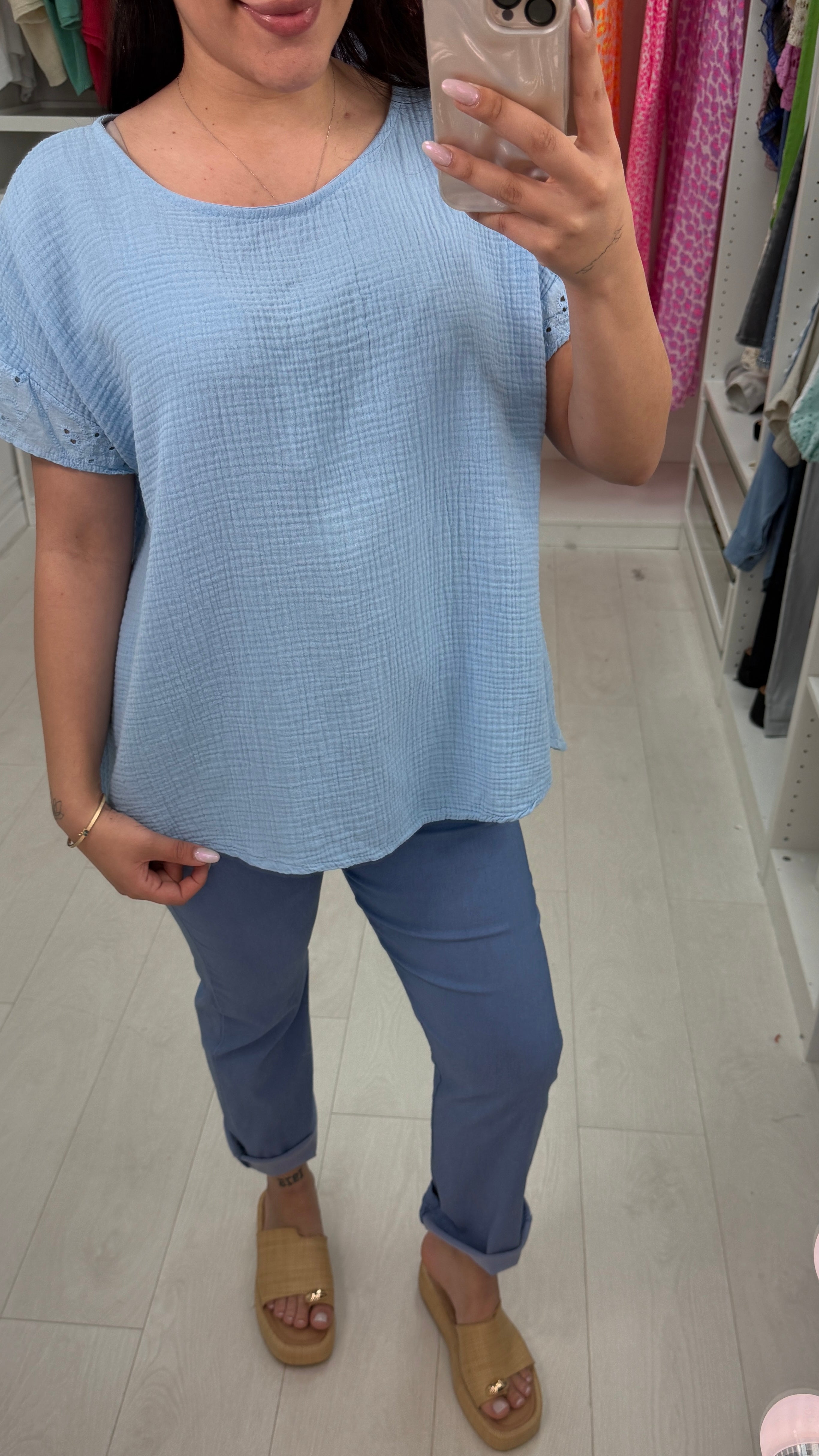 Biba Plain Broderie Anglaise Detailed Cheesecloth Top