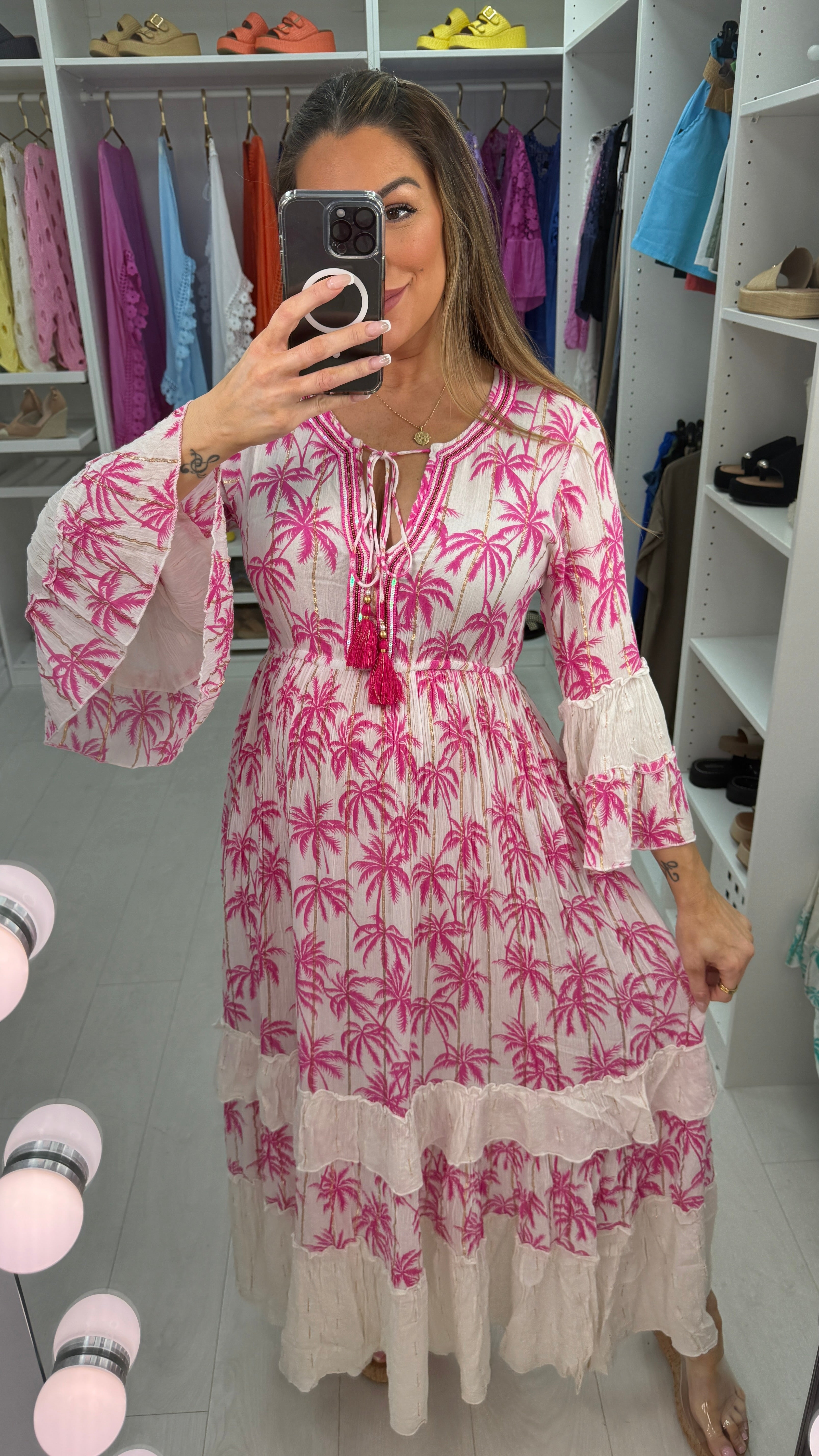 Estella Palm Tree Print Embellished Maxi Dress