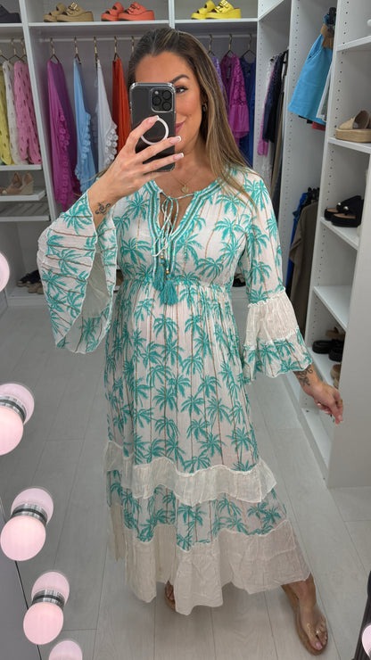 Estella Palm Tree Print Embellished Maxi Dress
