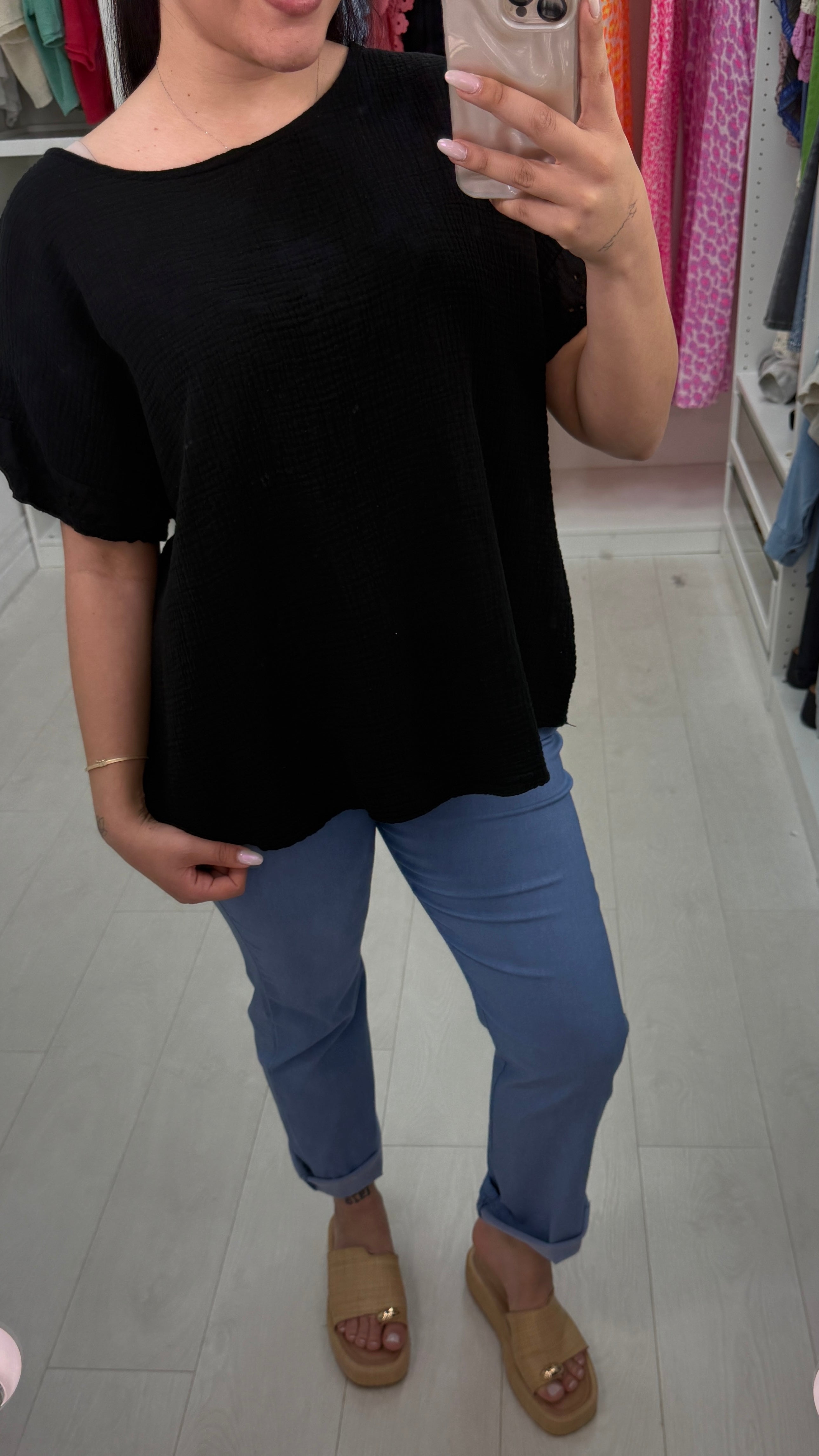 Biba Plain Broderie Anglaise Detailed Cheesecloth Top