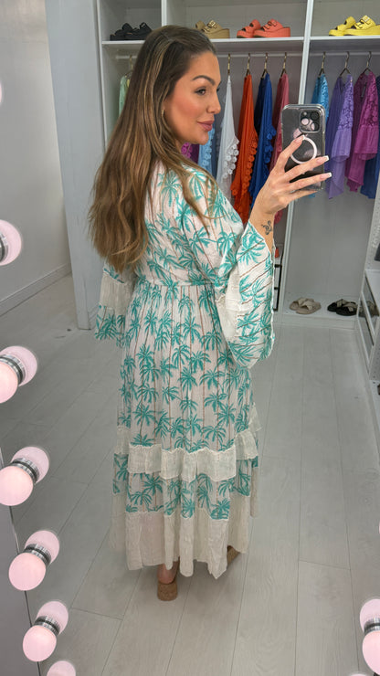 Estella Palm Tree Print Embellished Maxi Dress