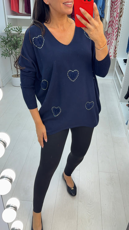 Avalena Embellished Heart Batwing Loose Fit Jumper