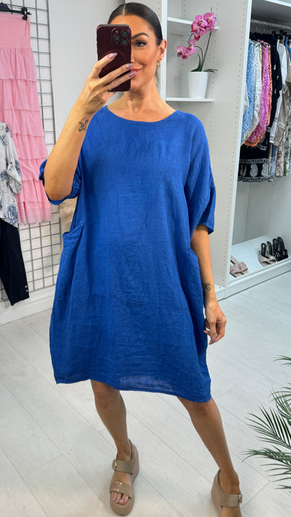 Nieva Front Pocket Short Sleeve Loose Fit Linen Dress