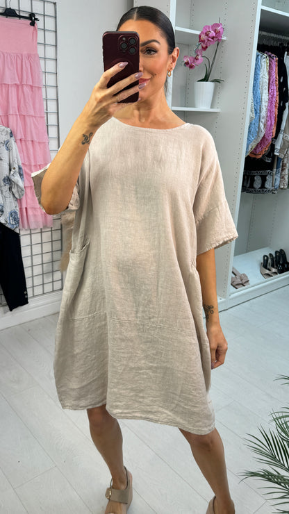 Nieva Front Pocket Short Sleeve Loose Fit Linen Dress