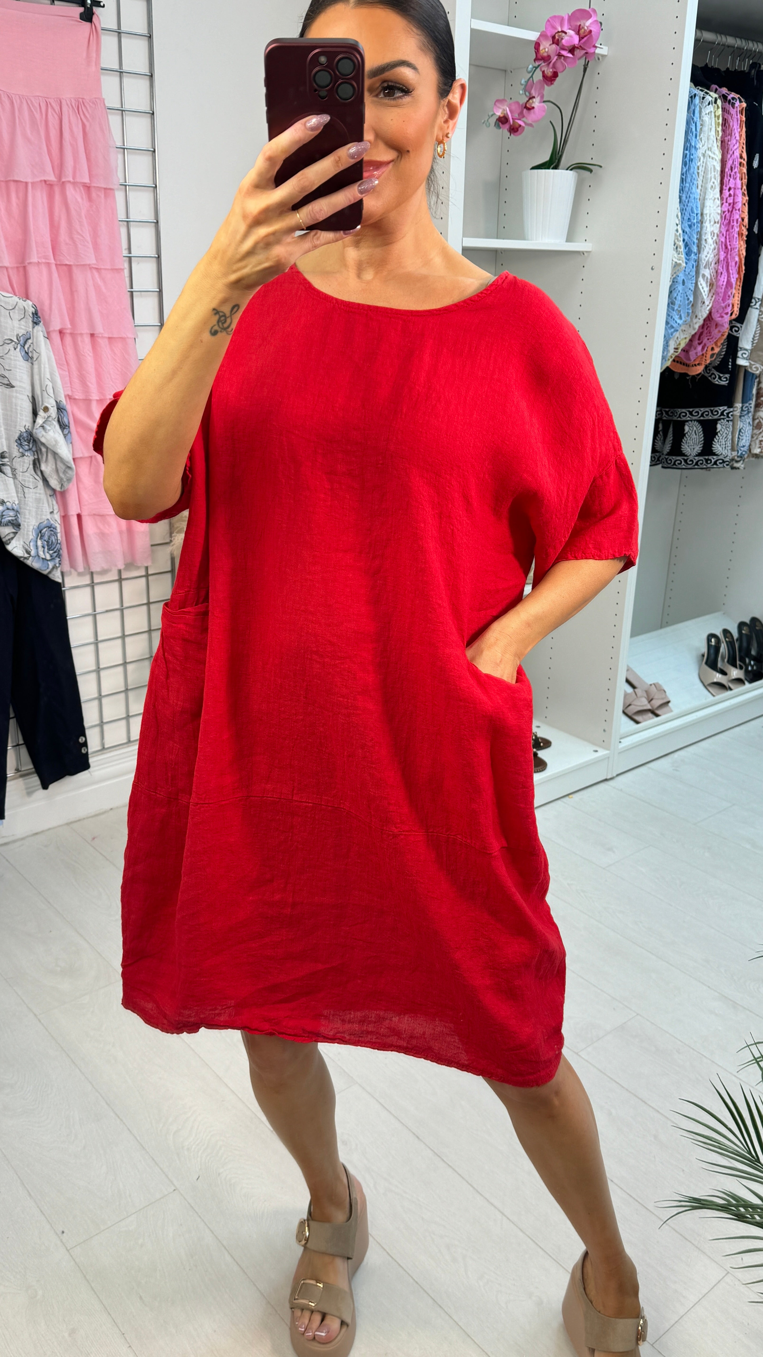 Nieva Front Pocket Short Sleeve Loose Fit Linen Dress