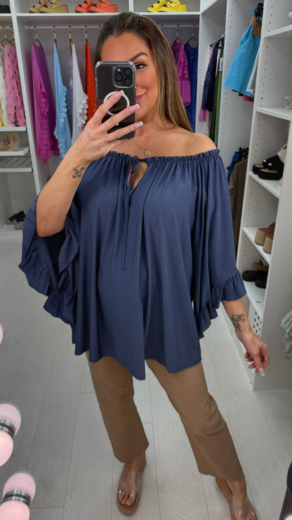 Amberlyn Plain Loose Fit Frill Sleeve Bardot Top