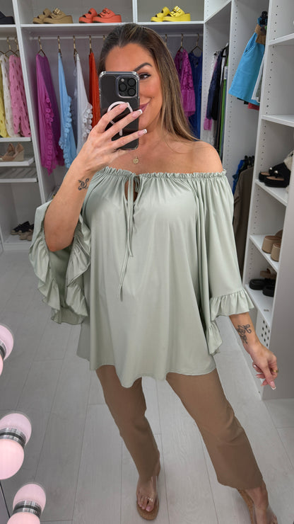 Amberlyn Plain Loose Fit Frill Sleeve Bardot Top
