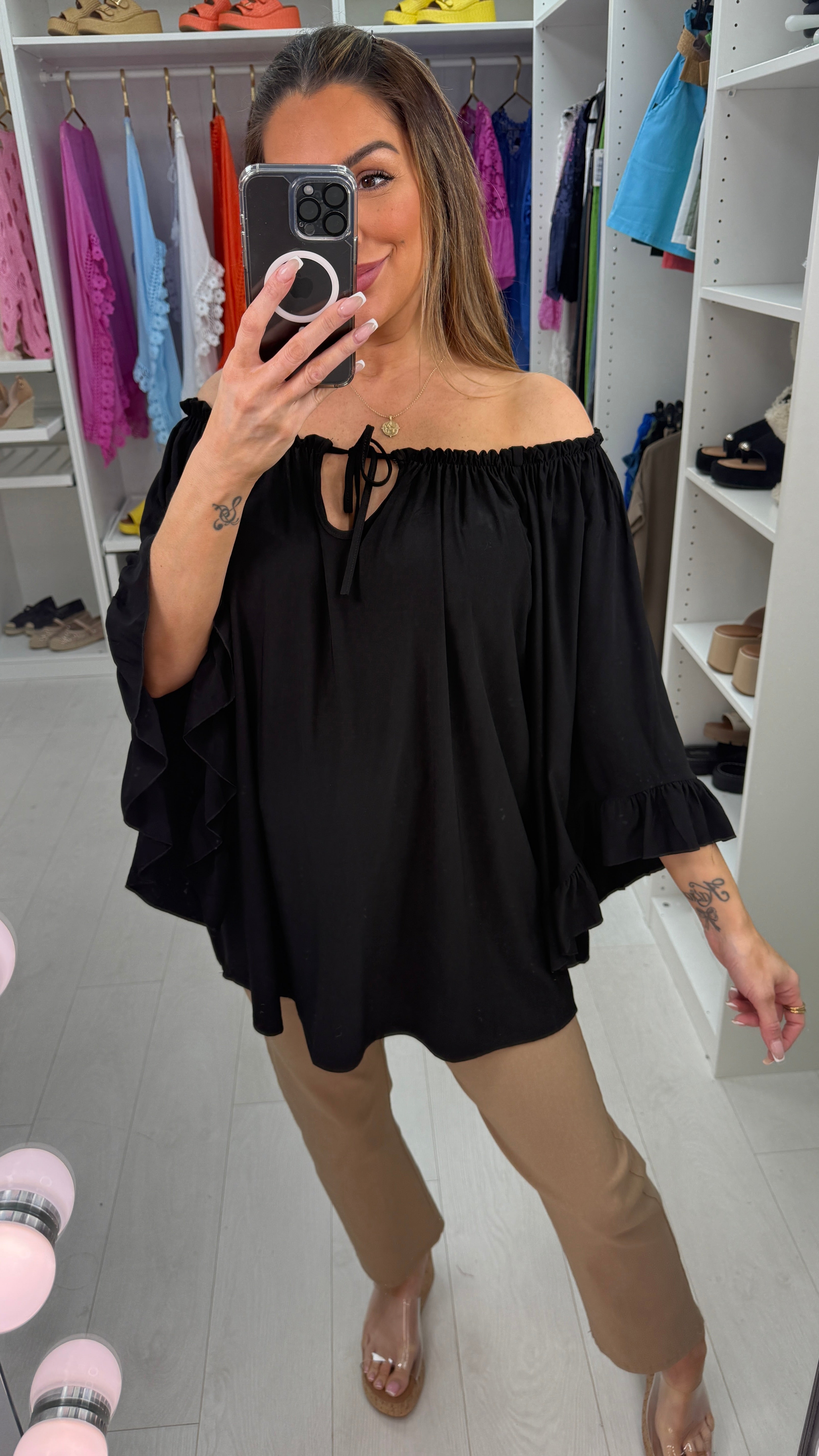 Amberlyn Plain Loose Fit Frill Sleeve Bardot Top