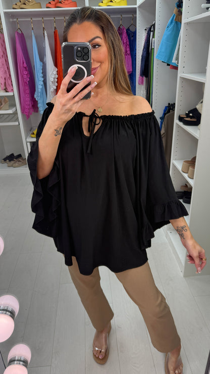 Amberlyn Plain Loose Fit Frill Sleeve Bardot Top