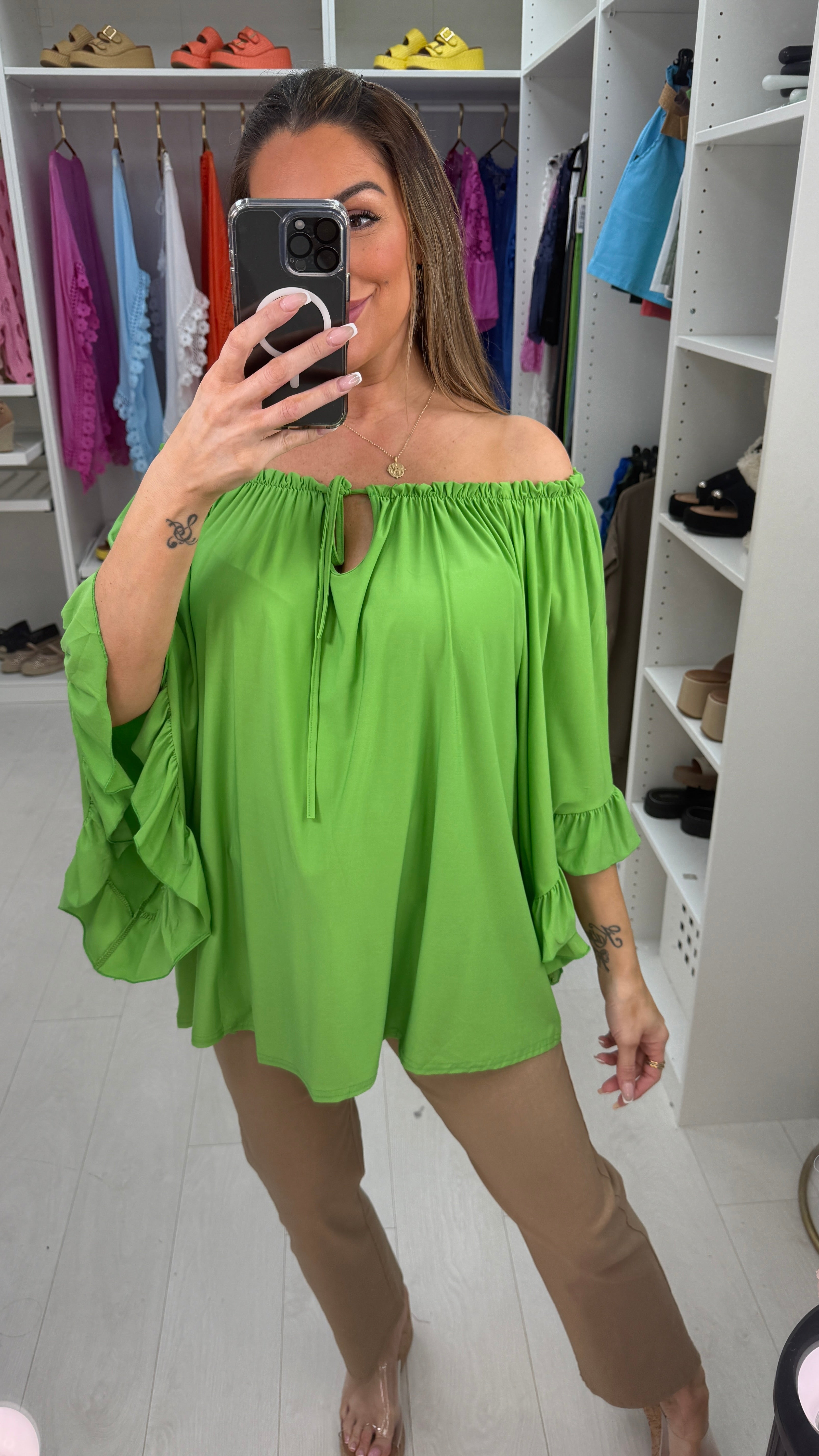 Amberlyn Plain Loose Fit Frill Sleeve Bardot Top