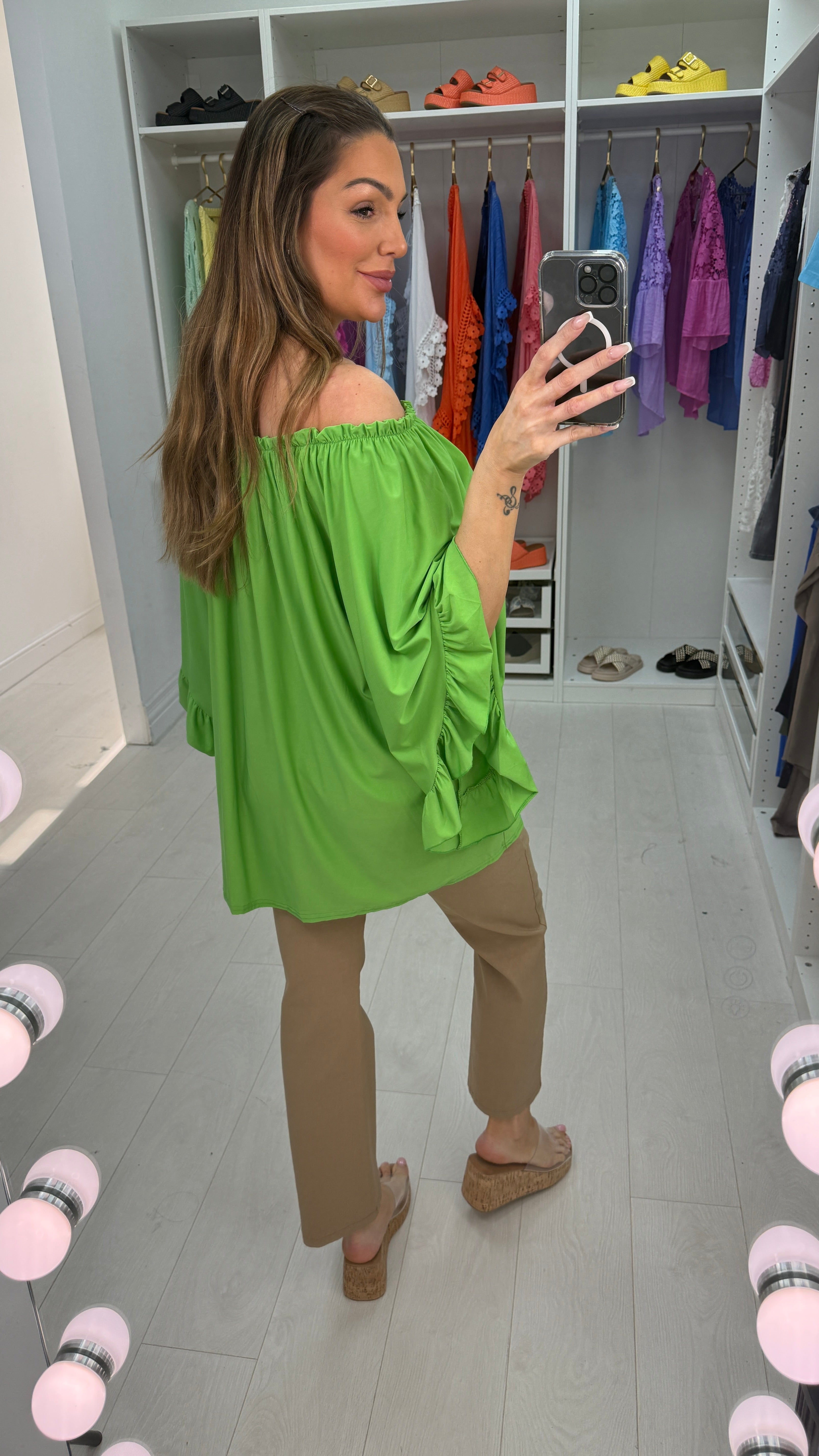 Amberlyn Plain Loose Fit Frill Sleeve Bardot Top