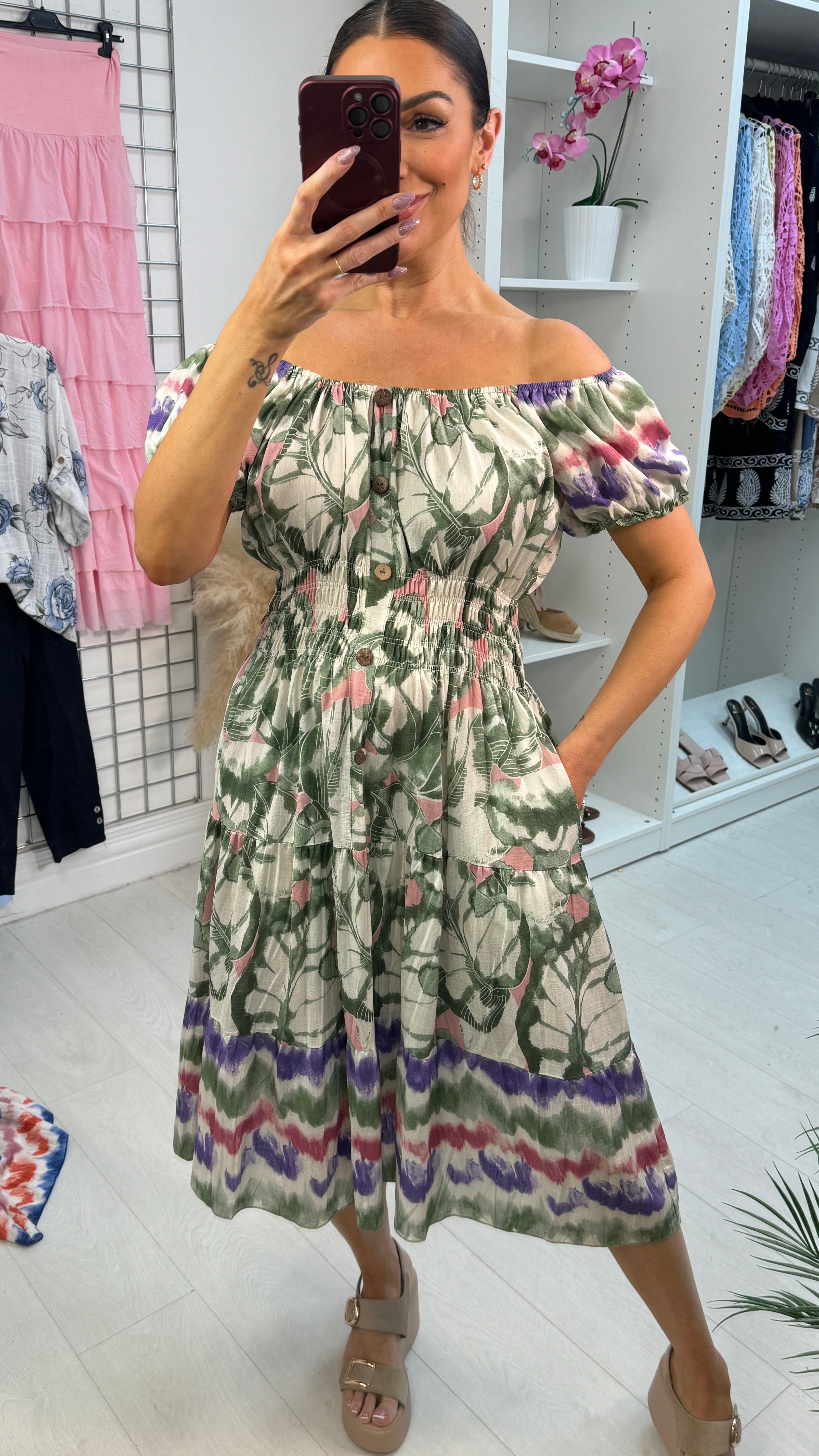 Hollie Button Detailed Shirred Waist Midi Dress