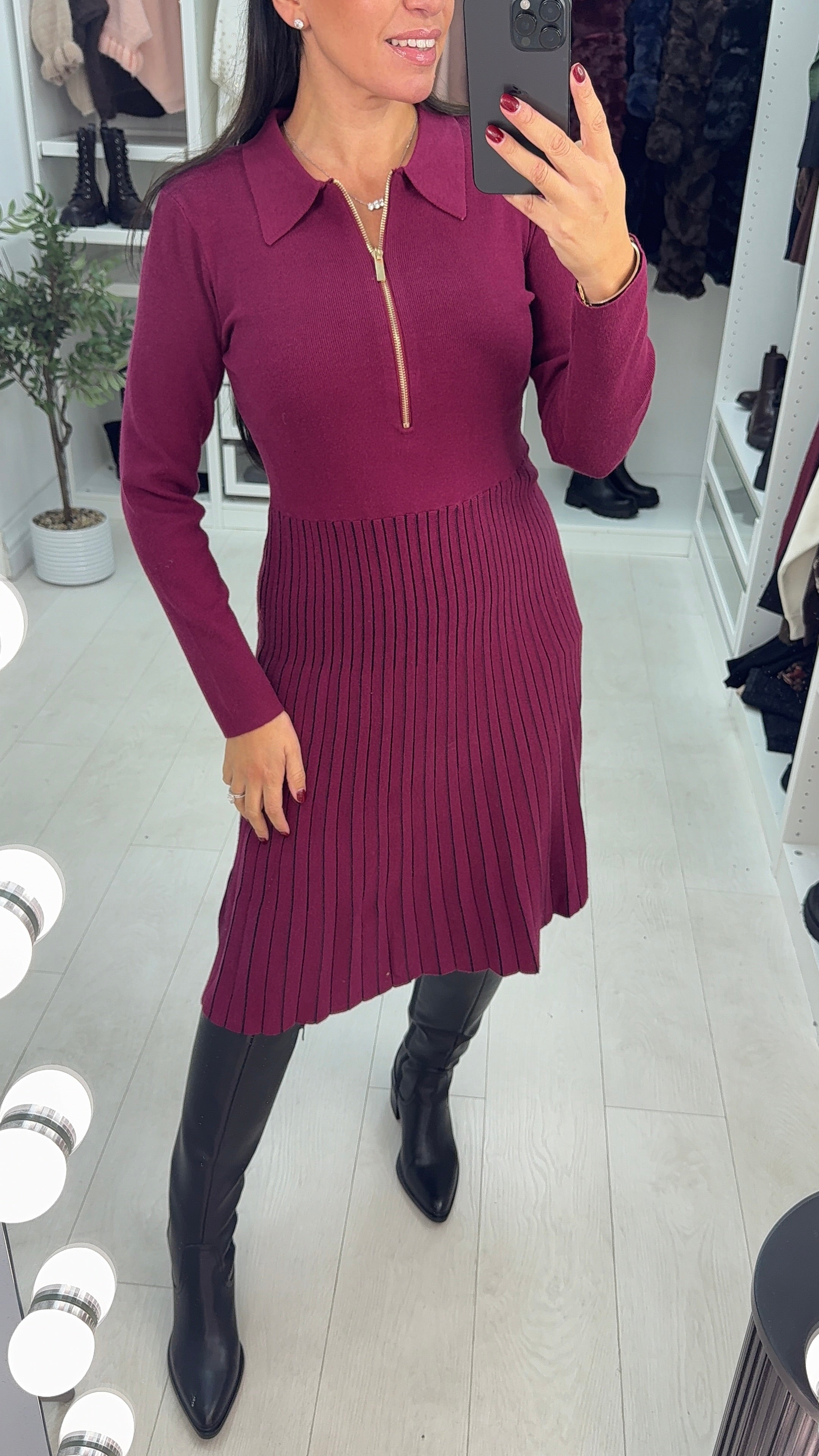 Amabelle Zip Front Pleated Skater Skirt Jumper Dress