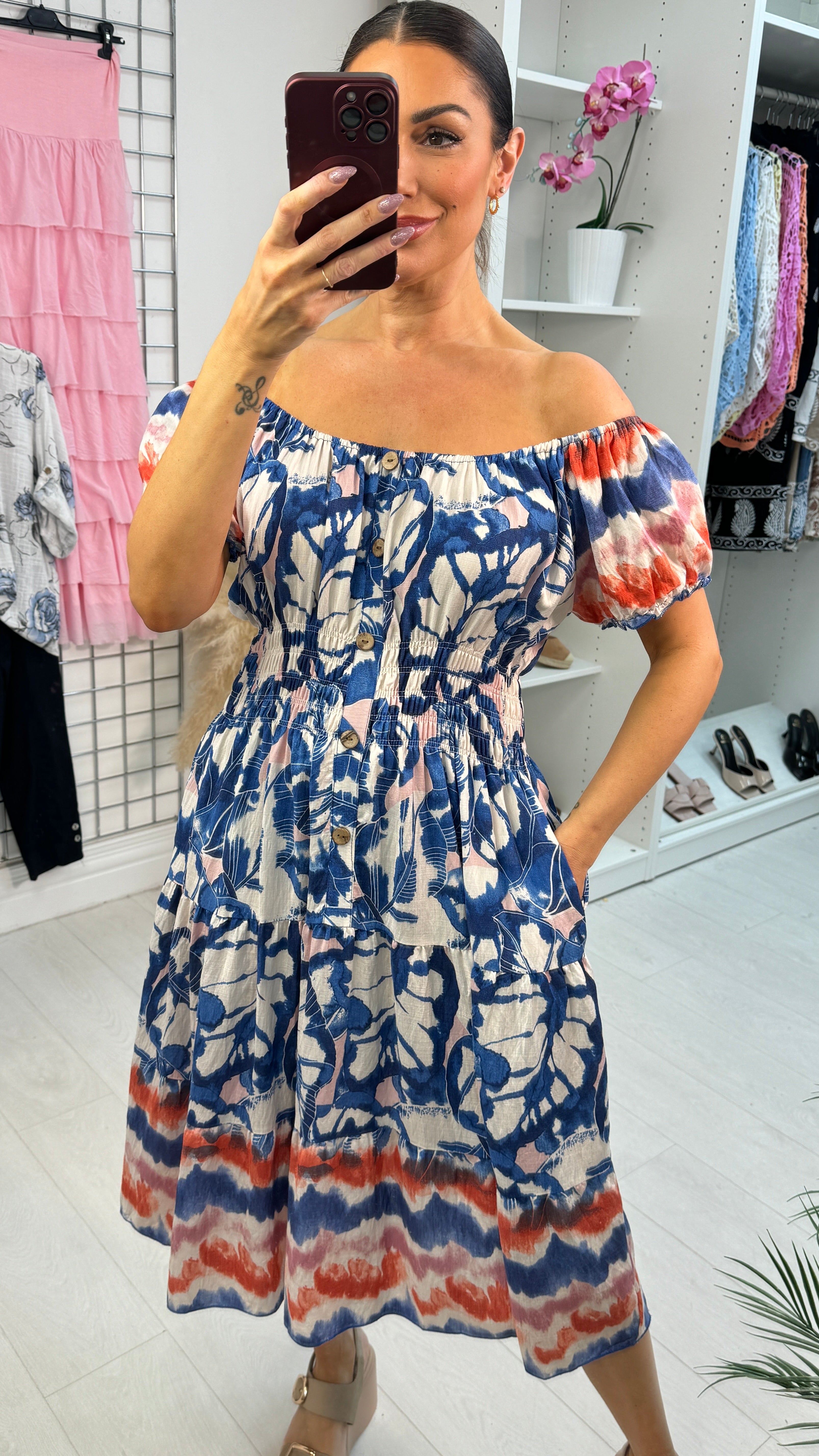 Hollie Button Detailed Shirred Waist Midi Dress