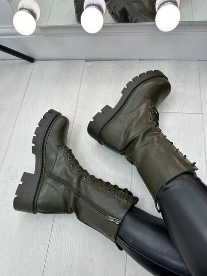 Megan Khaki Faux Leather Lace Up Biker Boots