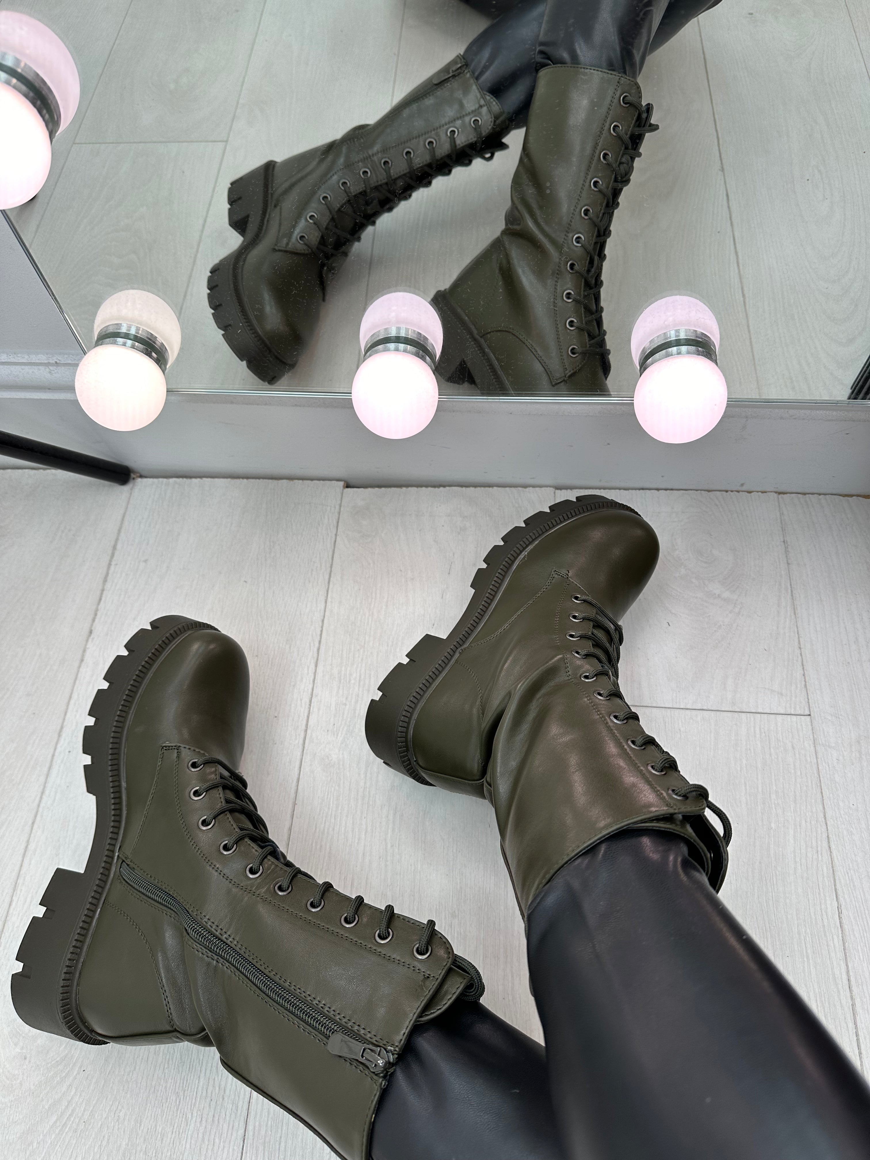 Megan Khaki Faux Leather Lace Up Biker Boots