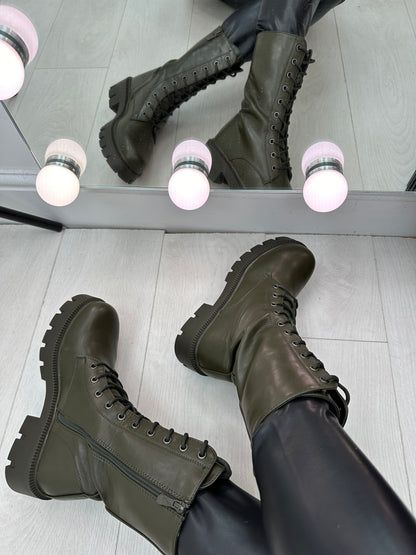 Megan Khaki Faux Leather Lace Up Biker Boots