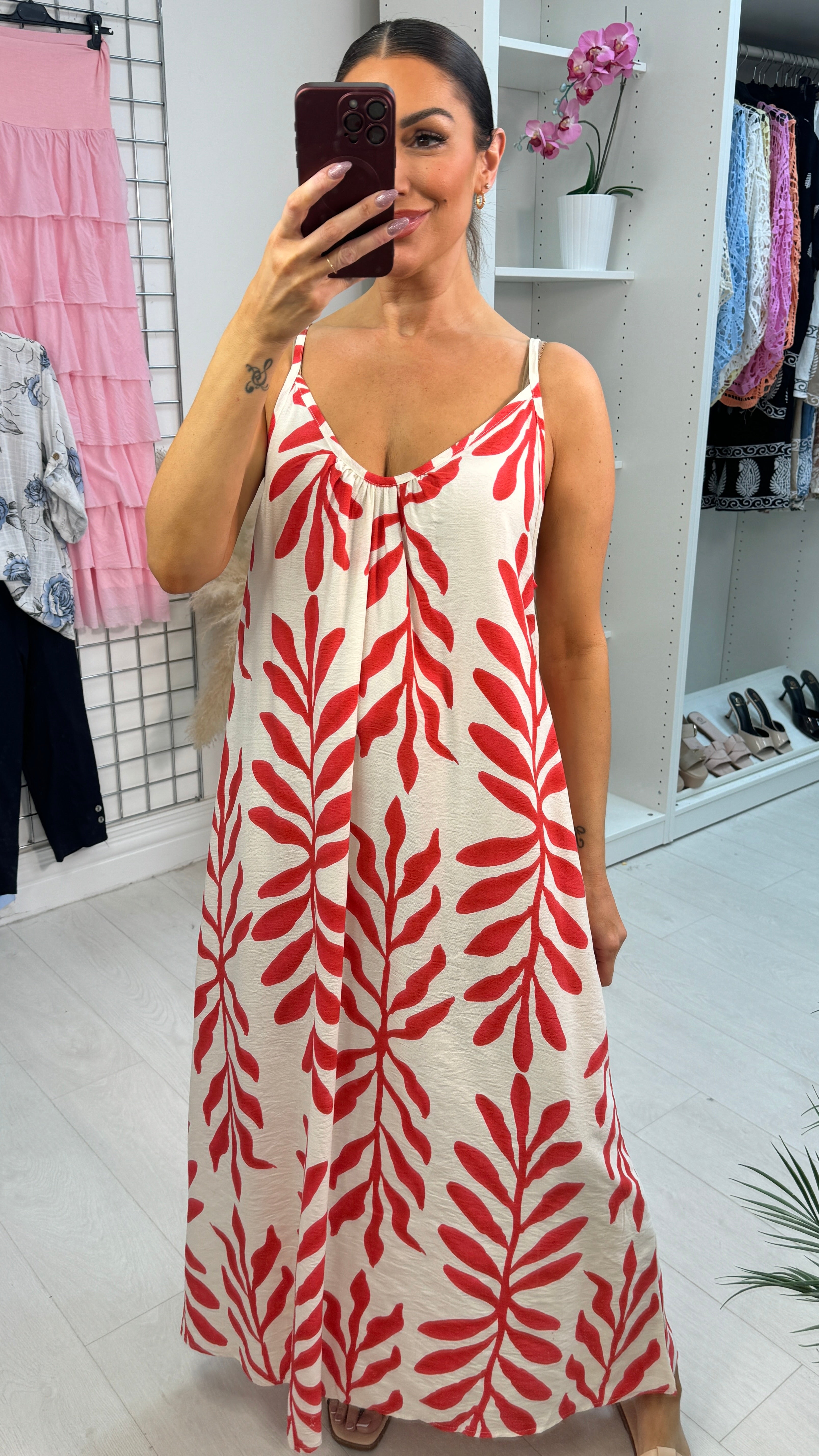 Emmeline Leaf Print Loose Fit Strappy Dress