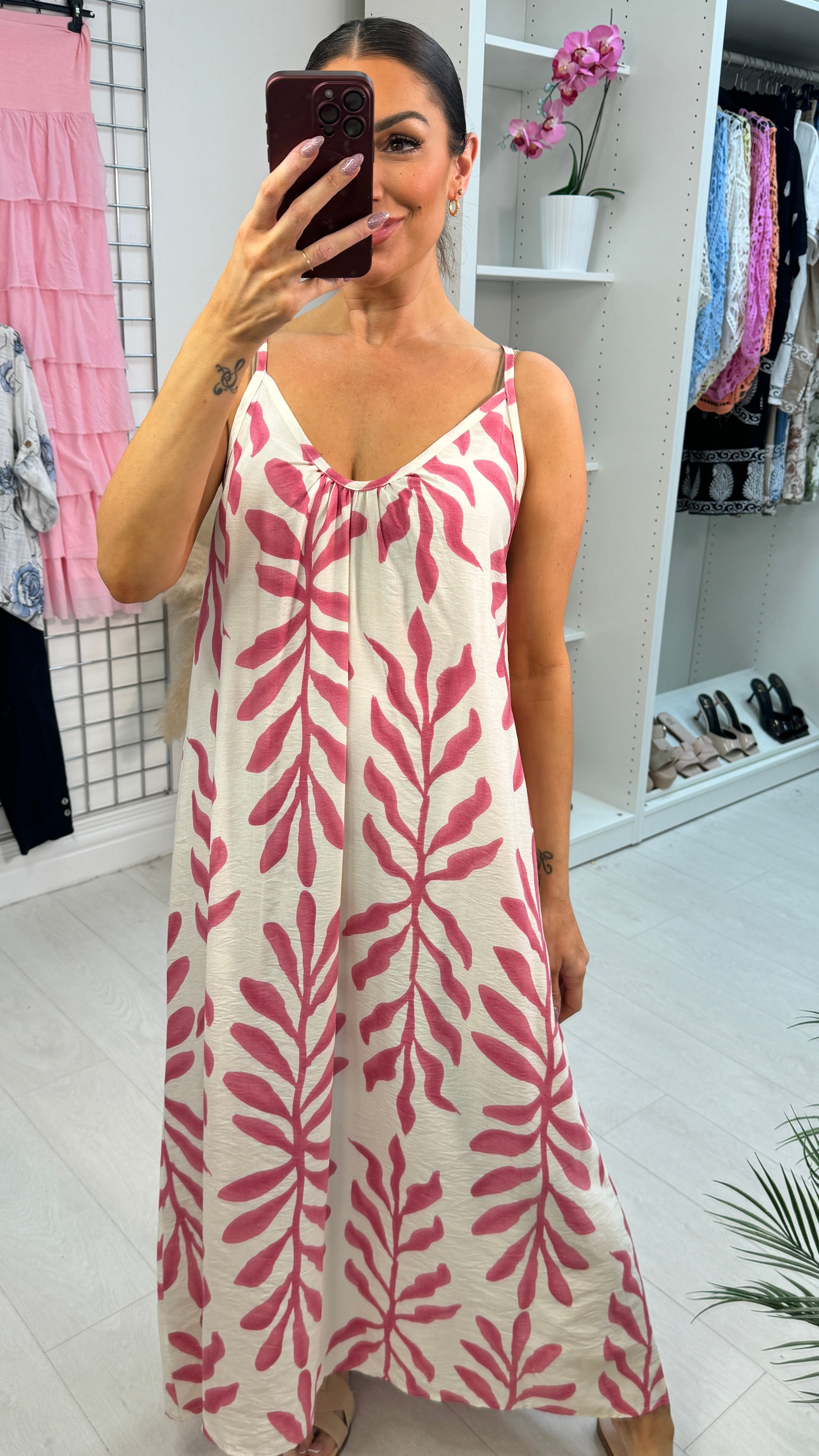 Emmeline Leaf Print Loose Fit Strappy Dress