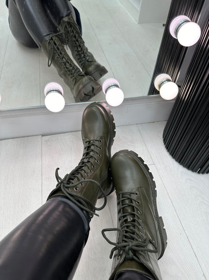 Megan Khaki Faux Leather Lace Up Biker Boots