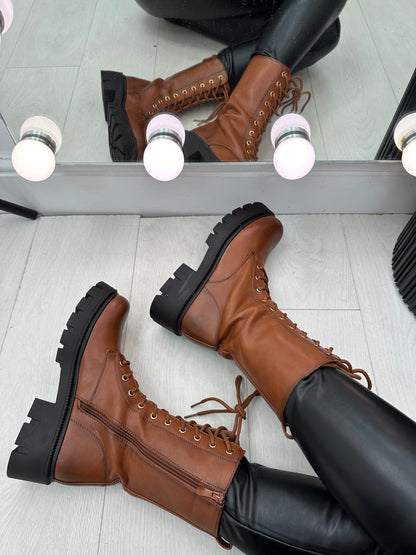 Megan Camel Faux Leather Lace Up Biker Boots