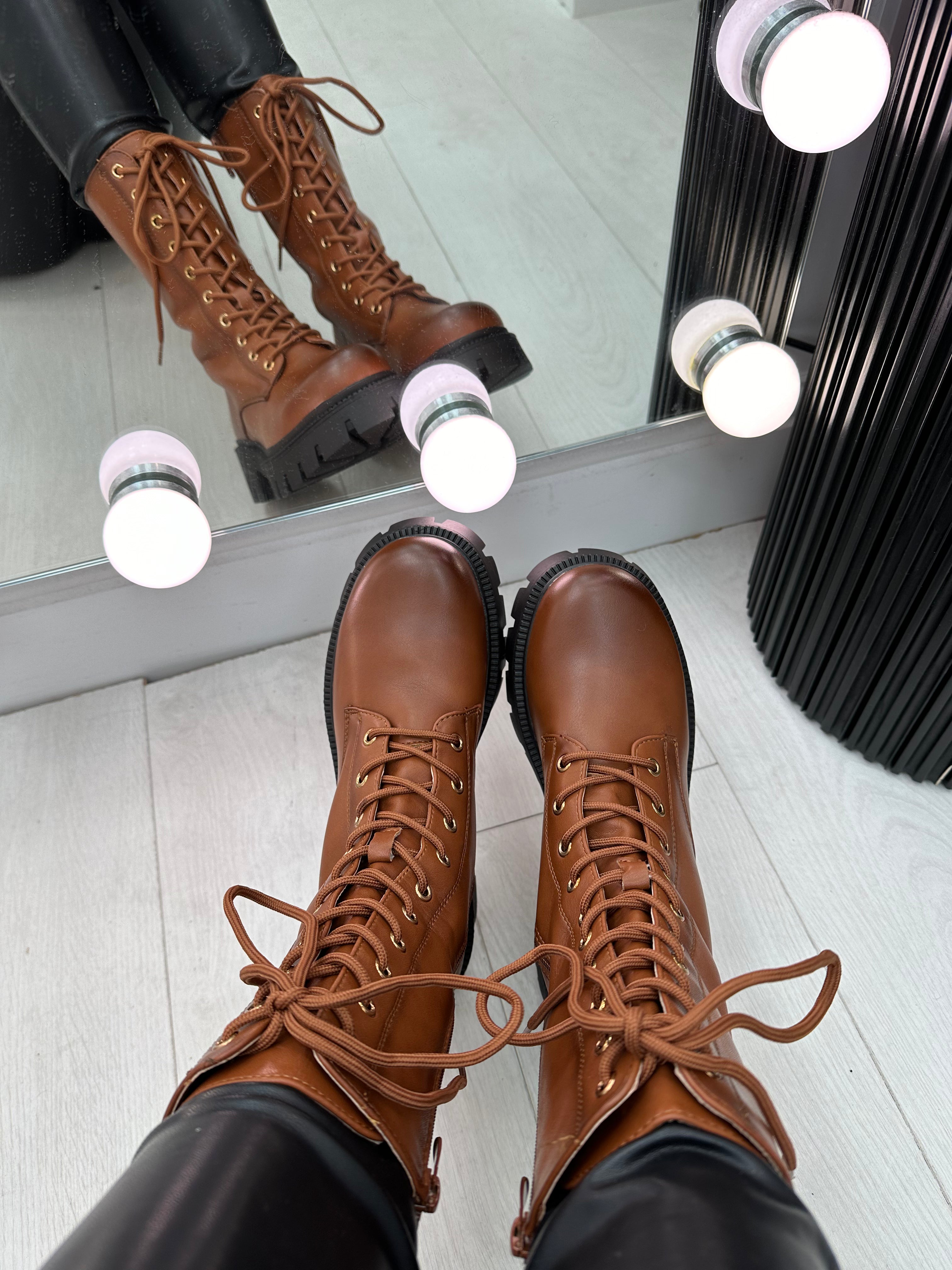 Megan Camel Faux Leather Lace Up Biker Boots