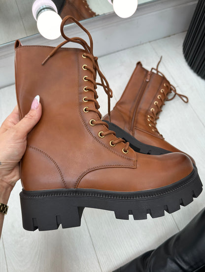 Megan Camel Faux Leather Lace Up Biker Boots