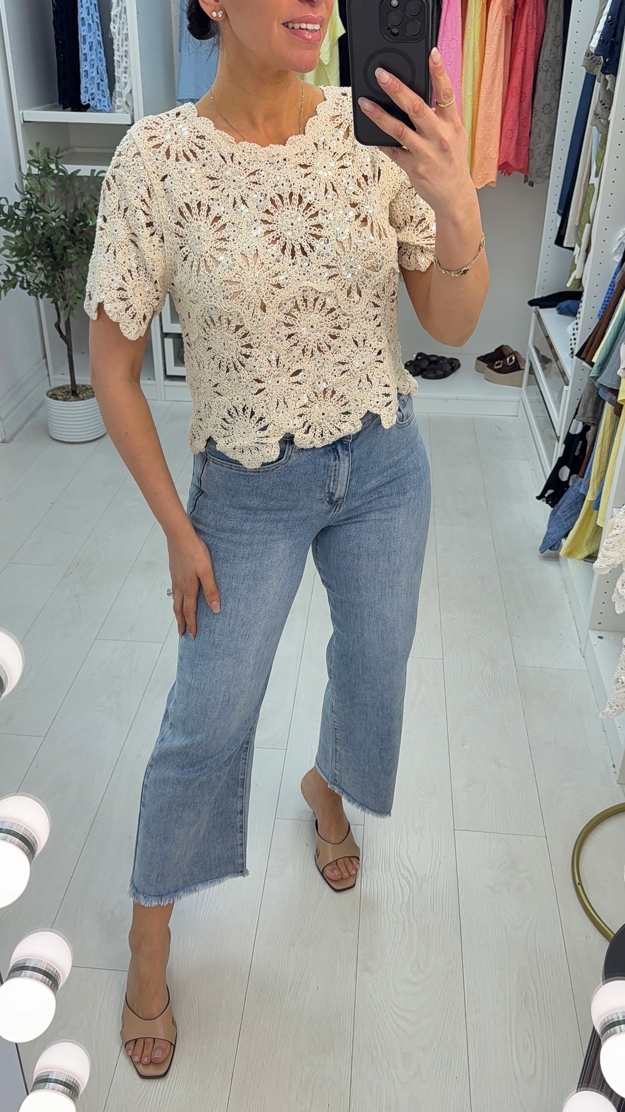 Jaymee Embellished Short Sleeve Crochet Top