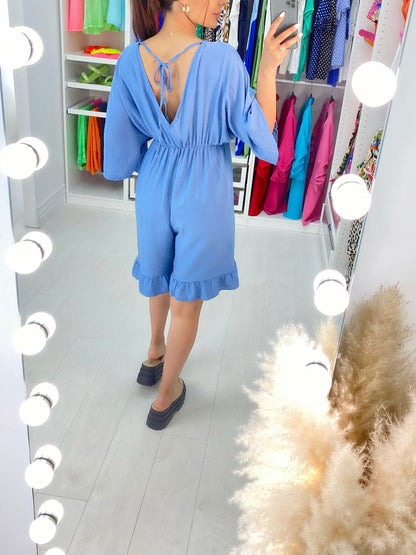 Aicha V Neck Drop Sleeve Ruffle Hem Playsuit
